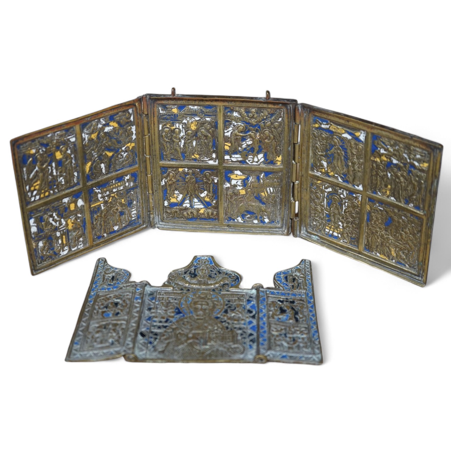 Two Russian Orthodox Church bronze and enamel triptych icons, largest 11cm high. Condition - fair